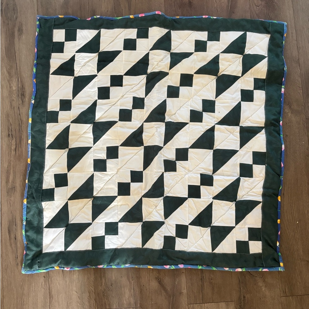 Handmade Green and Cream Patchwork Quilt - Classic Geometric Design